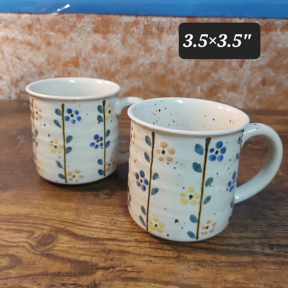 Vintage Style Speckled Stoneware Floral Mugs Set of 2 Blue Yellow Hand Painted